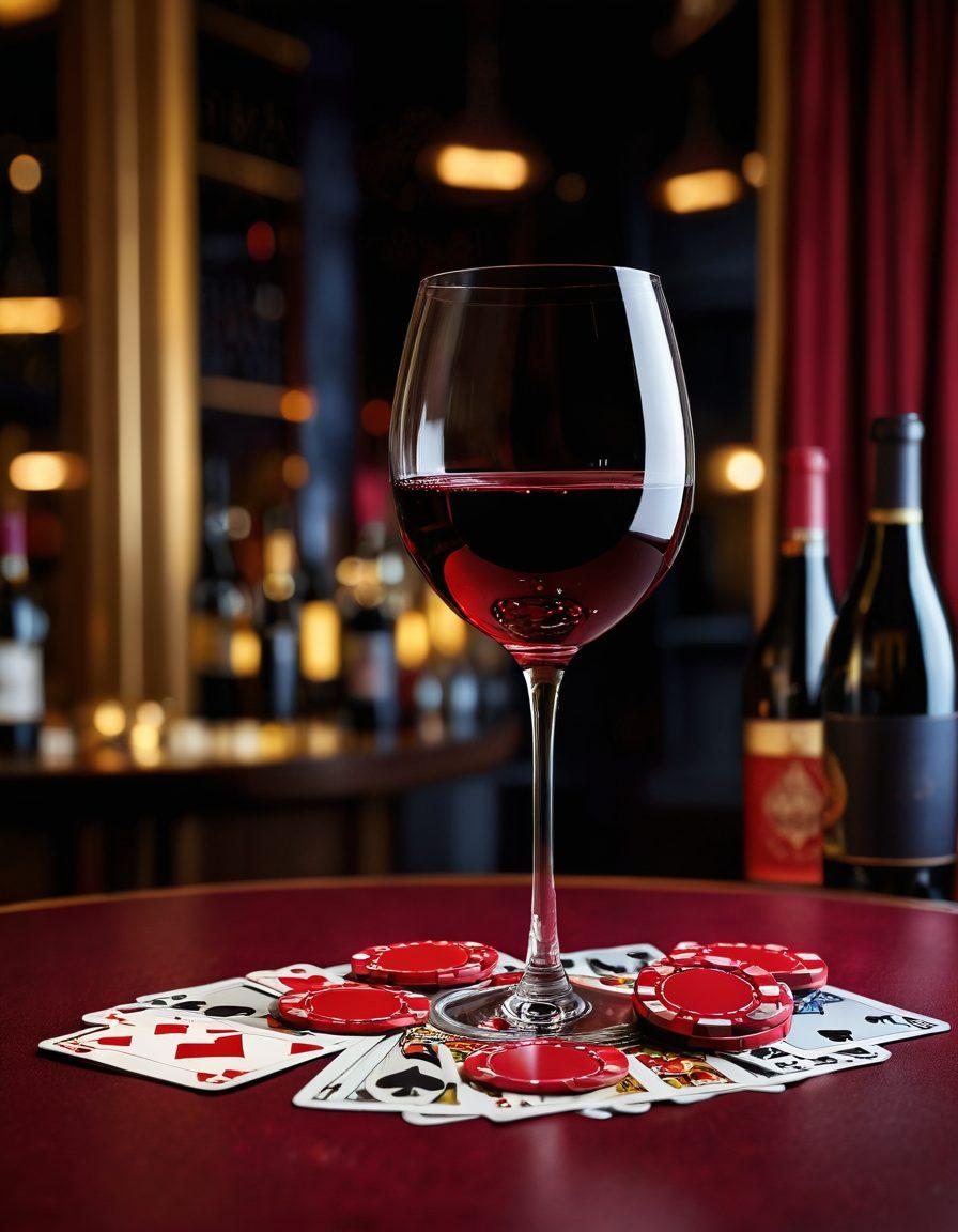 An elegant wine glass filled with rich red wine, surrounded by casino elements like poker chips and playing cards. A dramatic backdrop of a dimly lit, luxurious casino interior with soft, warm lighting, contrasting the vibrant red of the wine. Subtle hints of grapevines can be seen in the background, intertwining with the gambling motifs. The scene conveys a sense of excitement and sophistication in wine competitions and high-stakes gaming. super-realistic. vibrant colors. rich textures.