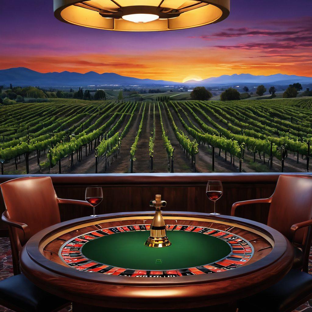An elegant vineyard landscape blending seamlessly into a lively casino atmosphere, where grapevines intertwine with poker tables and roulette wheels. Showcase a bottle of fine wine spilling its contents into a betting chip, symbolizing the fusion of wine culture and gambling. Include a soft sunset glow to enhance the ambiance of excitement and sophistication. vibrant colors. super-realistic. dramatic lighting.