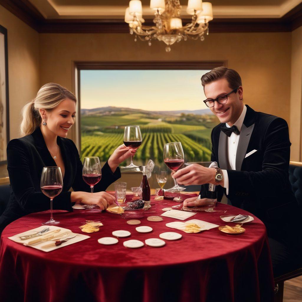 A captivating scene featuring a luxurious wine tasting event intertwined with an exhilarating betting atmosphere. Showcase elegantly dressed guests sampling various wines while engaging in playful betting activities, with glasses and chips scattered on a velvet table. Incorporate rich colors of deep reds and golds, and ambient lighting to create a warm, inviting tone. Include a backdrop of lavish vineyards and distant rolling hills. super-realistic. vibrant colors.